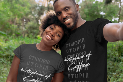 Ethiopian couples wearing a t-shirt that reads Ethiopia : Birthplace of Coffee